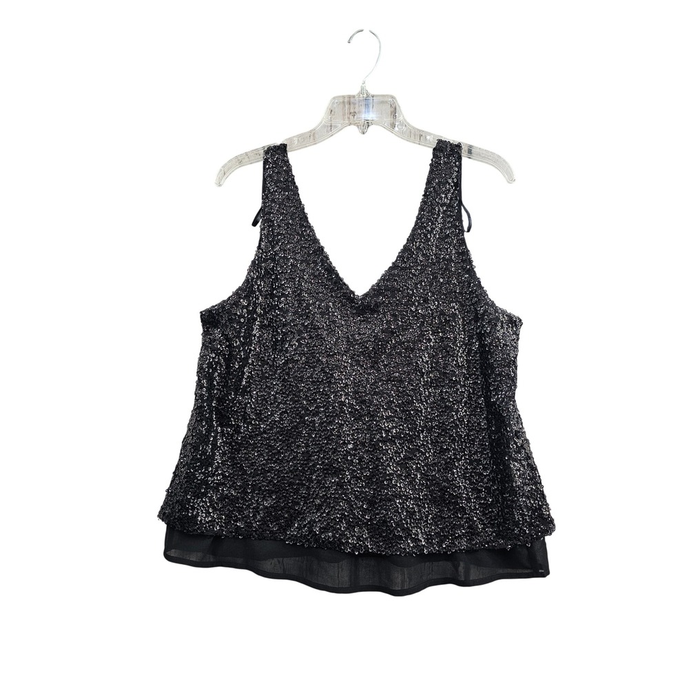 One Clothing Sequin Tank Top Womens Medium Black V-Neck Layered Sparkle Holiday